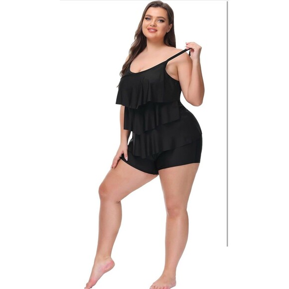 Hanna Nikole 2 Piece Tankini Ruffle Flounce Top High Waist Bottom plus size 16W - Picture 3 of 16